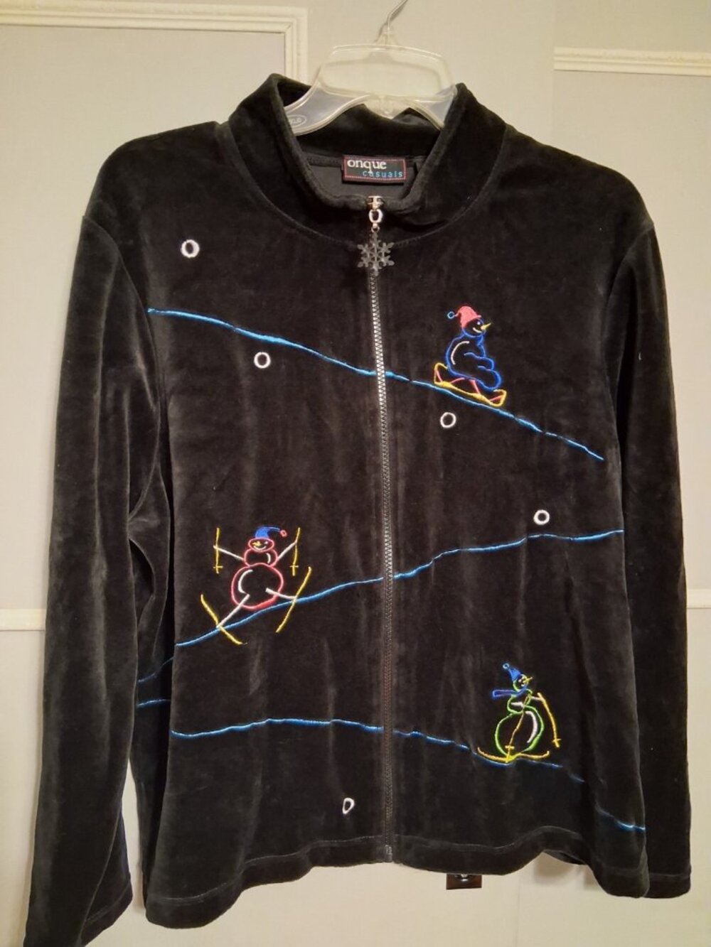 Vtg Onque Casuals Black Velour Long Sleeve Zip Jacket Embroidered Snowmen  XL